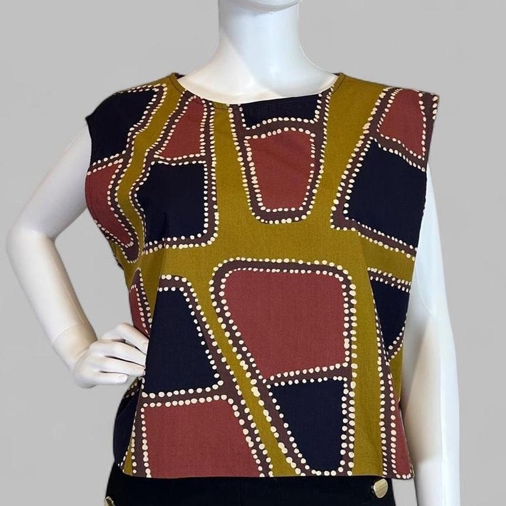 Monoprix Womens Abstract Geometric Print Cotton Sleeveless Top Blouse Large